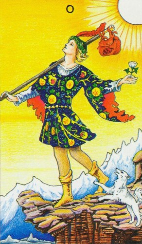 The Fool, the first card of the Tarot Deck, starts his journey by packing light.