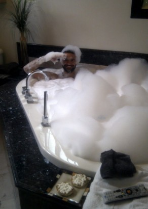 Don and Jim greeting me with a bubble bath. (NY, LBI, LA & LB)
