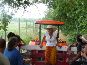 The woodswoman showing us around the farm on the wagon. (Blooming Glen Farm) The woodswoman showing us around the farm on the wagon. (Blooming Glen Farm)