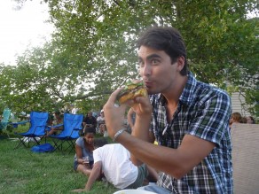 The fallen vegan, eating his organic burger like it was his last! (Yeah right!) (Blooming Glen Farm)