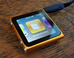 I listen to audiobooks using an iPod Nano, usually worn with a wrist watch strap. (Audiobooks)
