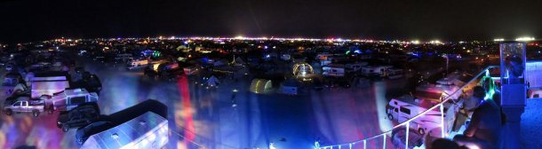 Nightime view of Black Rock City, from the far end.