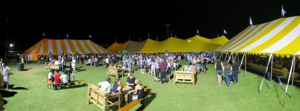 The three tents and the yard, at night. (Octoberfest and Windhoek)